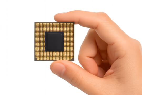 A hand delicately holding a computer processor, emphasizing technological innovation. 