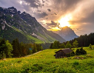 Alpine meadow at sunset.  Vast valley, mountains