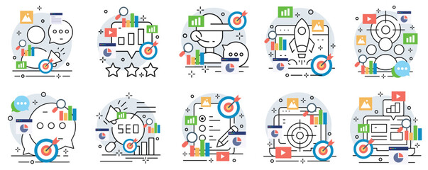 Fototapeta premium Diverse flat design icons depicting business marketing and analytics concepts