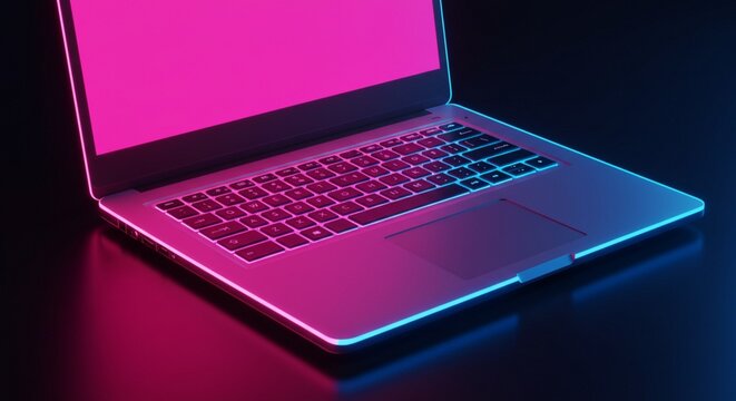 Neon Laptop Computer Glowing Futuristic Digital Device،neon laptop, glowing laptop, neon computer, illuminated laptop, digital neon device, neon tech, futuristic laptop, cyber laptop, neon gadget, lum