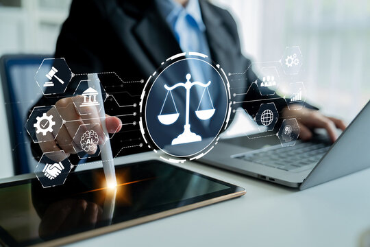 Futuristic digital law interface displaying justice scale, highlighting digital law, AI compliance, digital law systems, and digital law regulations for secure governance. Spline