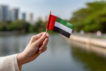 Hand holds a miniature UAE flag buildings  foliage blurred in background over calm water