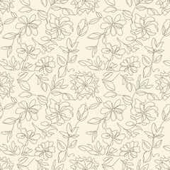 Delicate Hand Drawn Floral Seamless Pattern with Leaves.