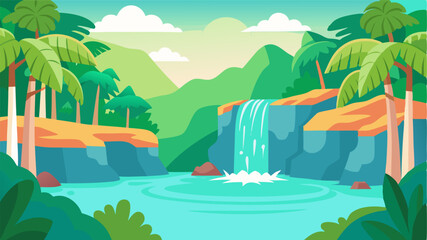 A tropical island oasis with cascading waterfalls tropical plants and a tranquil pool of jadecolored water perfect for a refreshing swim.