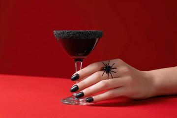 Hand with spider ring holds blackbeaded cocktail glass on red background