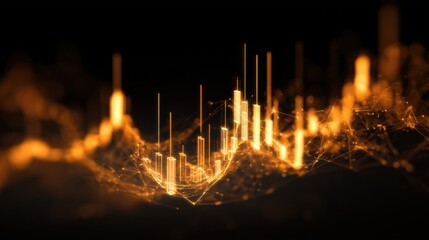 Dynamic Golden Data Visualization Representing Market Trends and Fluctuations in a Digital Space During Nighttime