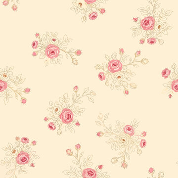 Elegant seamless pattern with vintage pink rose bouquets on a cream background.