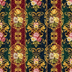 Luxurious Baroque Seamless Pattern with Golden Scrolls and Floral Bouquets.