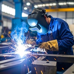 Industrial worker welding metal in a factory