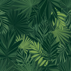 Seamless pattern of lush tropical palm and jungle leaves.