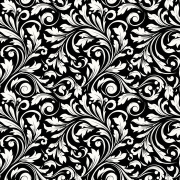 Seamless black and white ornamental floral pattern with swirling leaves and vines.