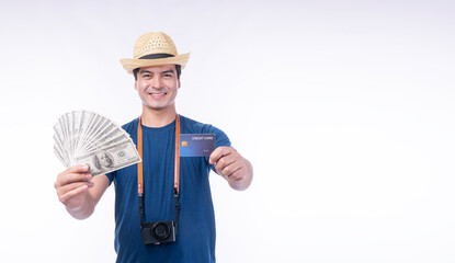Happiness traveler man showing banknote credit card payment vacation standing copy space over...