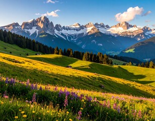 Alpine meadow at sunset