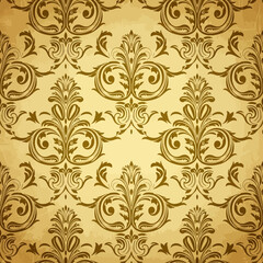Vintage seamless damask pattern on an old paper texture background.