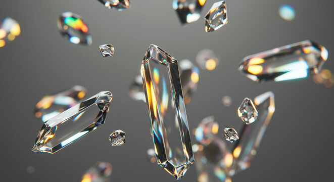 Crystals floating in space with light refractions