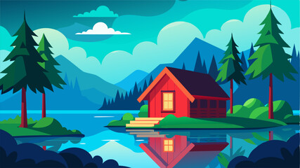 A tranquil oasis a cozy cabin with a red roof nestled in a lush forest by the side of a still lake providing the perfect escape from city life.
