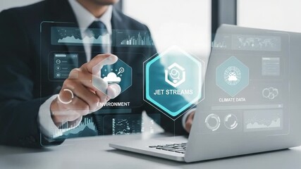 Man interacting with futuristic interface showing climate data and jet streams on laptop screen - Powered by Adobe