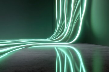 Illuminated cables create an abstract space with a reflective floor and a dim solidcolor backdrop