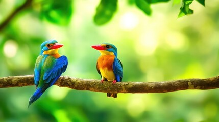 Fototapeta premium Spectacular Pair of Stork-Billed Kingfishers Perched on a Branch in Lush Greenery