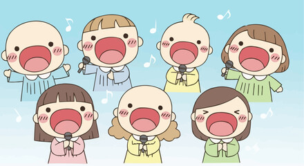 Christmas vector 2025 cartoon children choir singing with microphones vector illustration for kids music education and preschool art