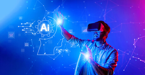 Fototapeta premium A man engages with virtual reality while exploring concepts of artificial intelligence in a vibrant digital landscape, showcasing the intersection of technology and creativity. XDMCP