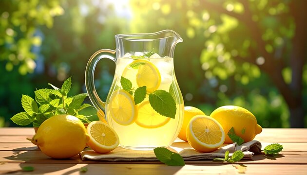 Refreshing lemonade in a glass pitcher, surrounded by lemons and mint, on a wooden table bathed in sunlight