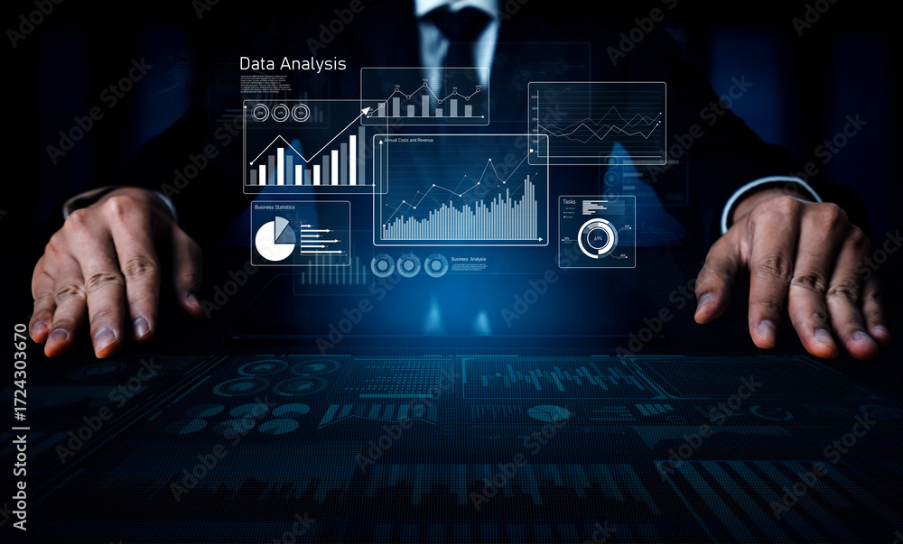 Poster business data analysis dashboard showing charts, statistics, and performance metrics for decision-ma