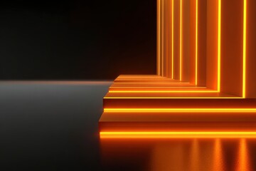 Illuminated orange steps and columns against a dark background create a symmetrical futuristic aesthetic
