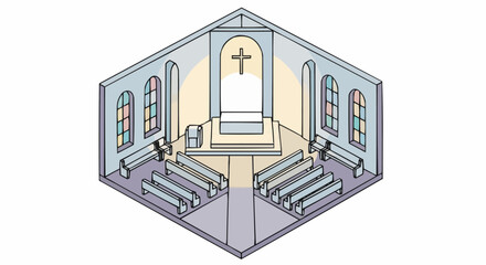 Obraz premium Christmas vector 2025 isometric church interior illustration with altar, cross, pews, and stained glass windows for worship design
