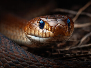 Obraz premium Brown snake with striking blue eyes resting on dried leaves in a dark environment displaying intricate scale patterns and natural textures in close-up view.