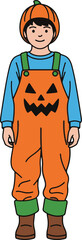 Illustration of a child wearing a pixel art pumpkin costume.