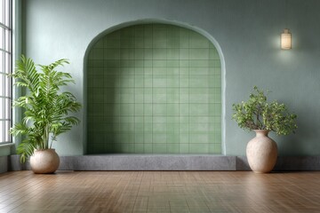 Interior Arch tiled wall potted plants parquet floor soft lighting