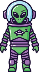 A vibrant pixel art illustration depicting a green alien wearing a purple and white spacesuit. The mood is playful and retro, reminiscent of classic video games. 