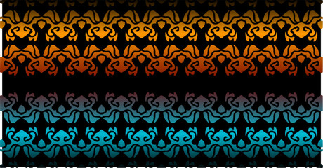 Colorful seamless ornamental pattern with gradient orange, red, and blue on black background.