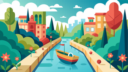 A tranquil urban escape where boats leisurely float along a peaceful canal flanked by tall trees and colorful flowers.