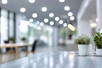 Lightfilled office space with a focus on tabletop plants The background is blurred