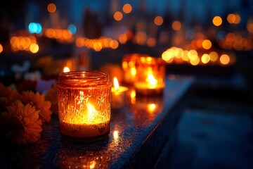 Lit candle in patterned glass jar resting on a dark surface among flowers with blurry lights in the background