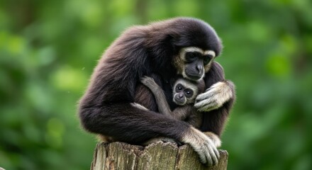Fototapeta premium Mother Gibbon Hugging Baby in Natural Habitat