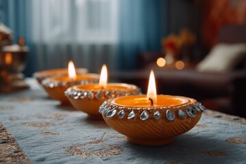 Lit candles in ornate holders rest on patterned cloth a cozy intimate setting