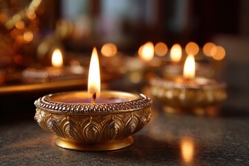 Lit diya candles in ornate gold holders with flames visible and reflections on the dark surface