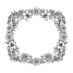 An ornate black and white rectangular floral frame with roses, lilies, and daisies, hand-drawn in a vintage, decorative style.