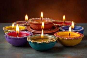 Lit Diya lamps arranged in colorful bowls on a textured surface against a dark background
