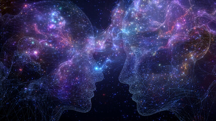 Conceptual image of interconnected human minds forming A glowing network against a cosmic background, representing global communication and unity, digital, vibrant colors