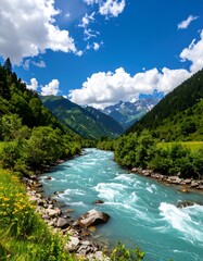 Alpine river flowing through lush valley under a partly cloudy sky