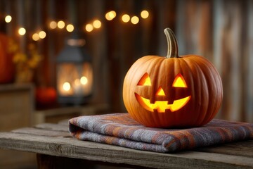 Lit Jackolantern sits atop a folded checkered textile on a weathered wooden table Blurred lights adorn the backdrop