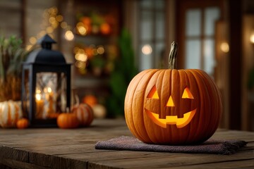 Lit jackolantern sits on a cloth atop a rustic wood table