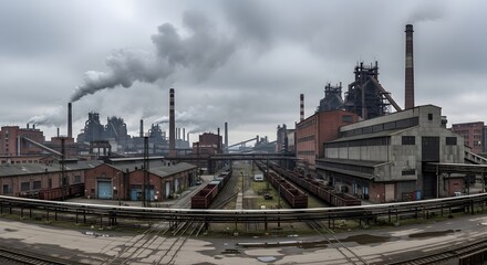 Fototapeta premium Industrial complex with numerous buildings, chimneys, and smoke plumes under a cloudy sky.