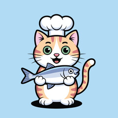 Cartoon cat chef with a white hat holding a fish on a light blue background in a vector style