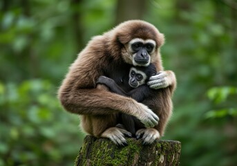 Fototapeta premium Mother Gibbon Hugging Baby in Natural Habitat