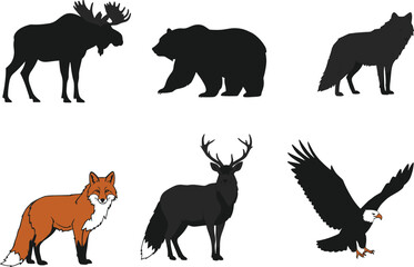 Vector illustration of wild animals including moose, bear, wolf, fox, deer, and eagle, wildlife silhouettes with colorful details.